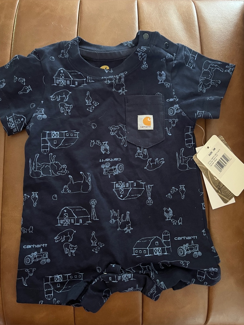 NWT 3 Mo Infant Carhartt Navy Romper with Farm Print